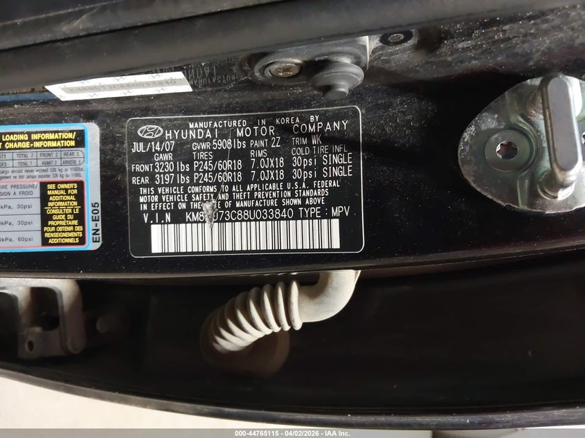 2008 Hyundai Veracruz Gls/Limited/Se VIN: KM8NU73C88U033840 Lot: 44765115