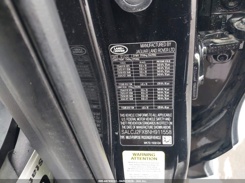 2022 Land Rover Discovery Sport S VIN: SALCJ2FX8NH911558 Lot: 44765222
