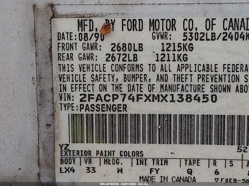 1991 Ford Crown Victoria Lx VIN: 2FACP74FXMX138450 Lot: 44765326