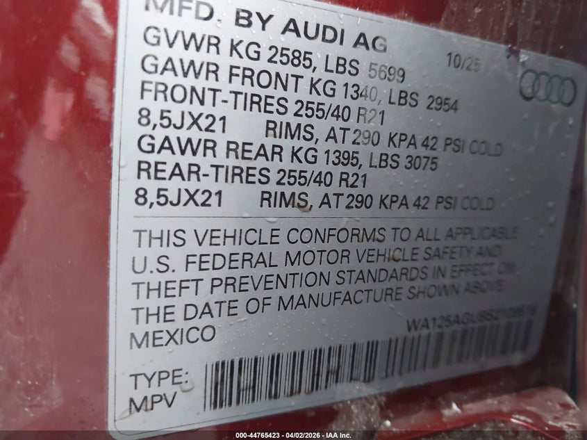 2025 Audi All-New Sq5 Premium Plus Tfsi Quattro S Tronic VIN: WA125AGU9S2109518 Lot: 44765423