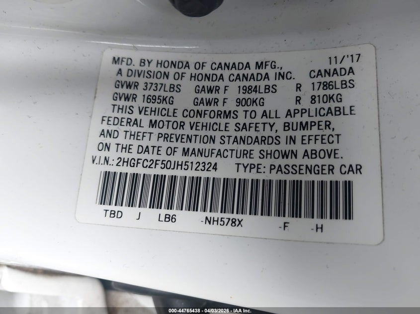 VIN 2HGFC2F50JH512324 2018 HONDA CIVIC LX