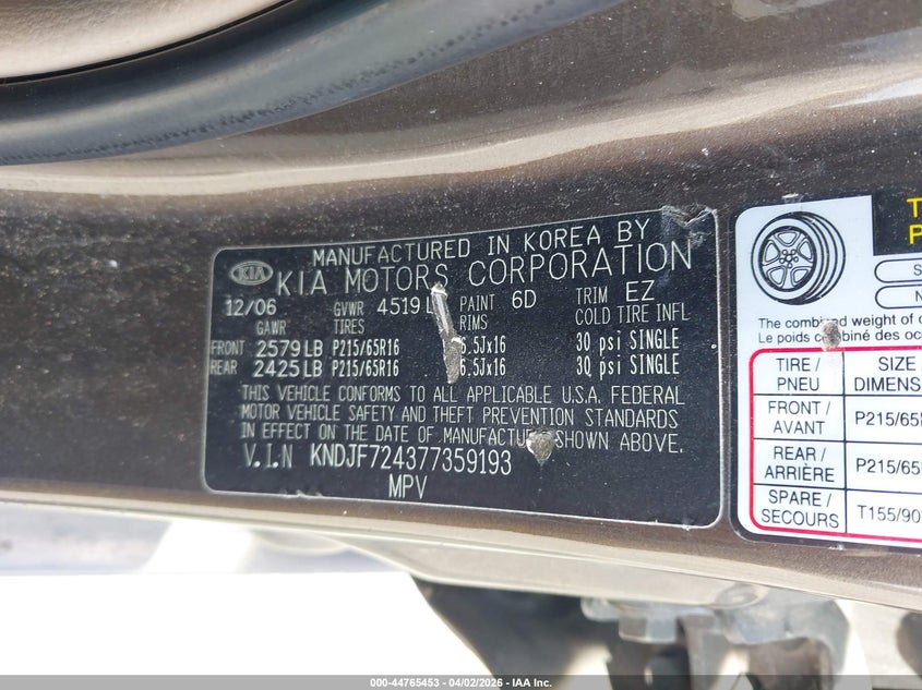 2007 Kia Sportage Lx VIN: KNDJF724377359193 Lot: 44765453
