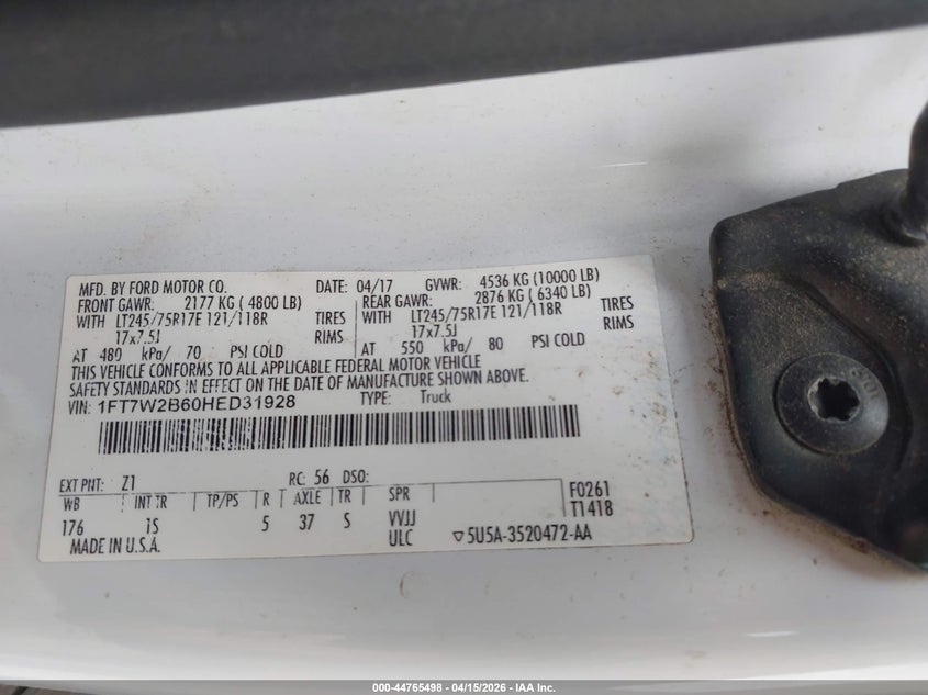 2017 Ford F-250 Xl VIN: 1FT7W2B60HED31928 Lot: 44765498