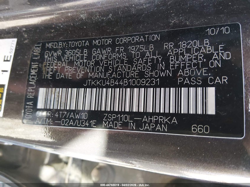 2011 Scion Xd Release Series 3.0 VIN: JTKKU4B44B1009231 Lot: 44765519