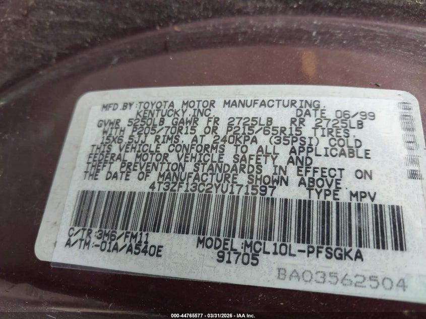 2000 Toyota Sienna Xle VIN: 4T3ZF13C2YU171597 Lot: 44765577