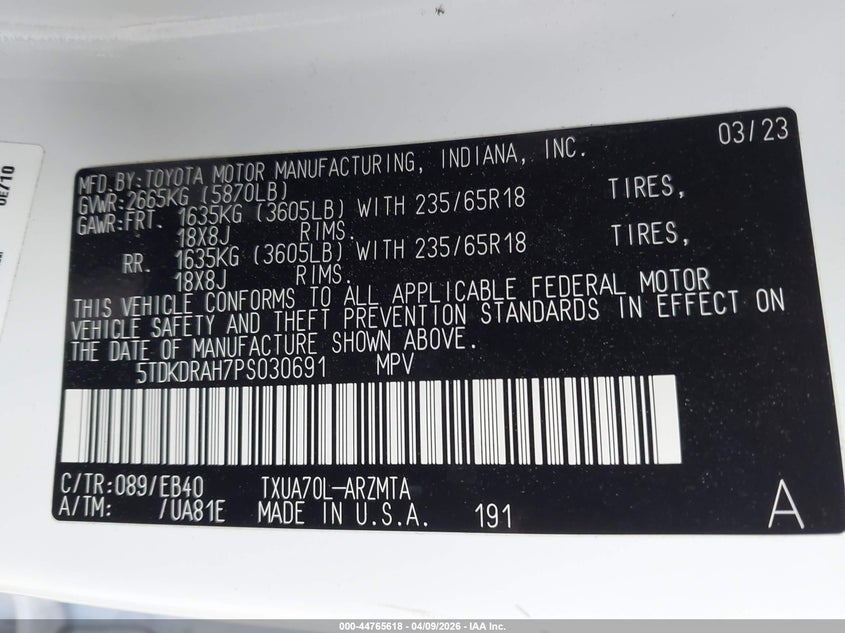 TOYOTA HIGHLANDER 2023 VIN 5TDKDRAH7PS030691