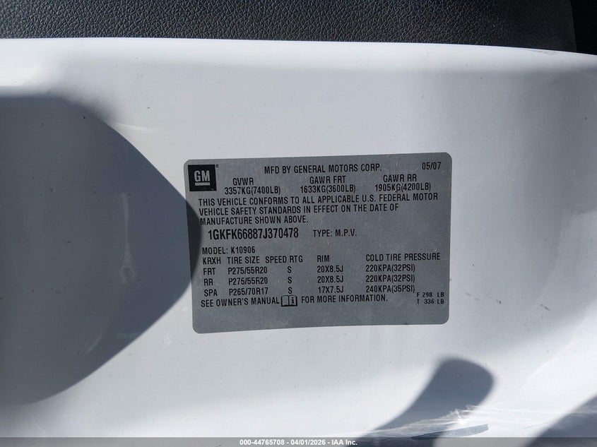 2007 GMC Yukon Xl 1500 Denali VIN: 1GKFK66887J370478 Lot: 44765708