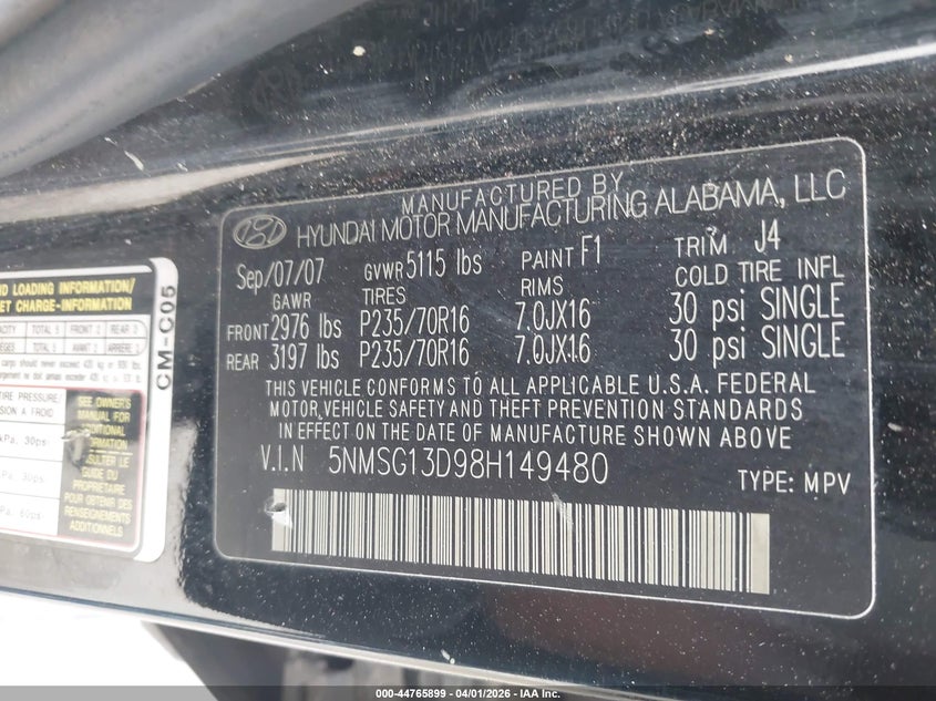 2008 Hyundai Santa Fe Gls VIN: 5NMSG13D98H149480 Lot: 44765899