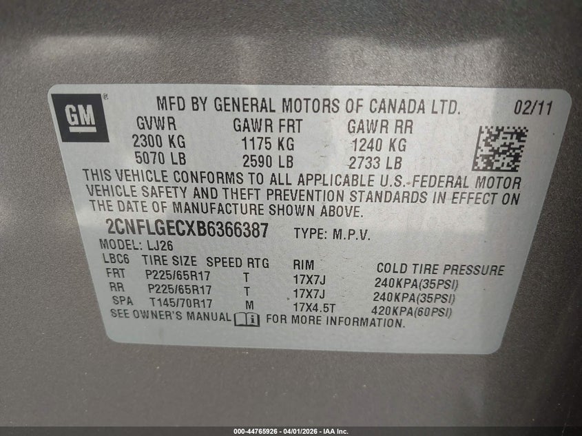 2011 Chevrolet Equinox Ltz VIN: 2CNFLGECXB6366387 Lot: 44765926