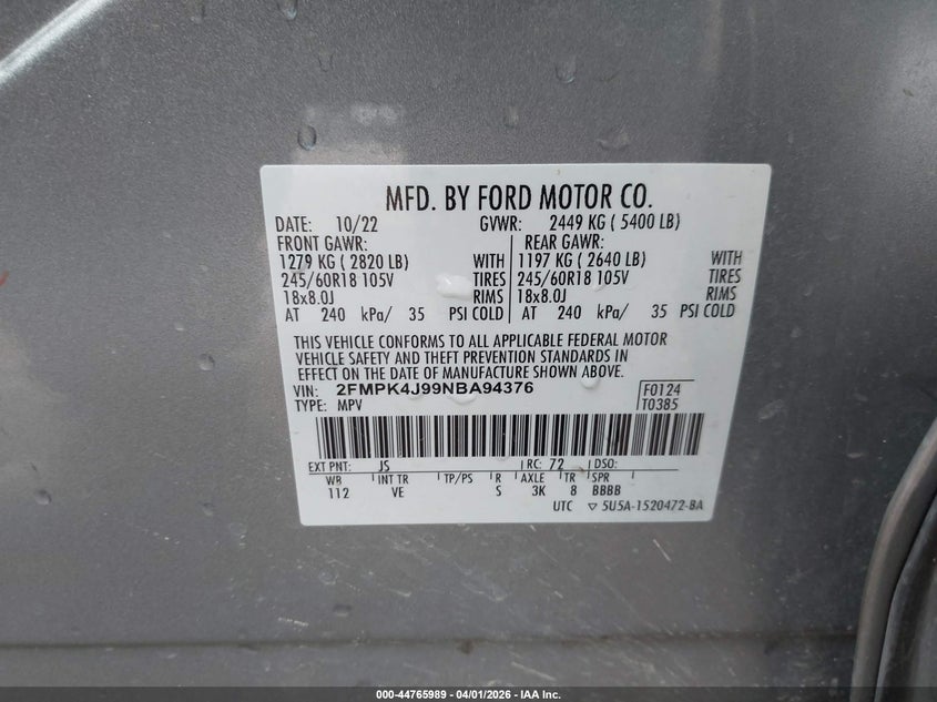 FORD EDGE 2022 VIN 2FMPK4J99NBA94376