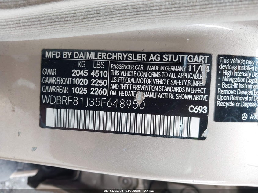 2005 Mercedes-Benz C 240 Luxury 4Matic VIN: WDBRF81J35F648950 Lot: 44765990