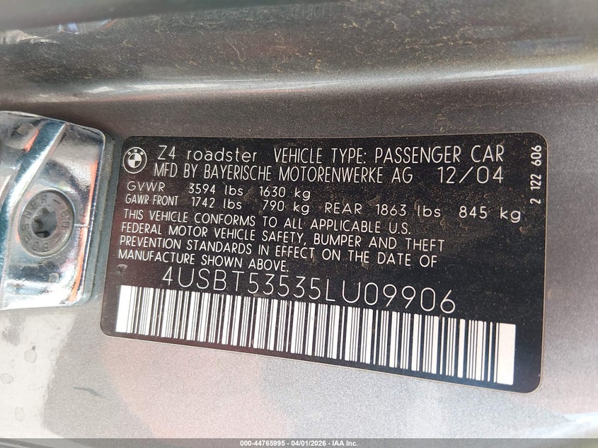 2005 BMW Z4 3.0I VIN: 4USBT53535LU09906 Lot: 44765995