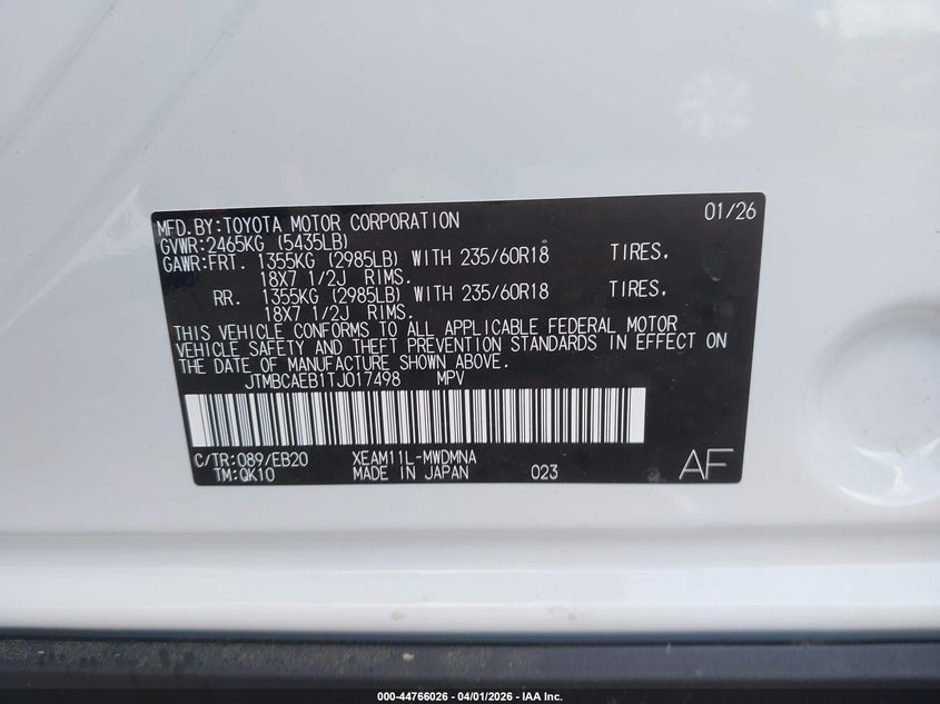 2026 Toyota Bz Xle Plus VIN: JTMBCAEB1TJ017498 Lot: 44766026