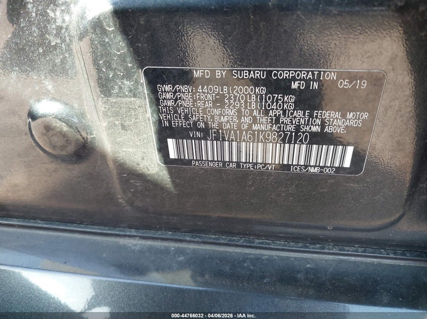 2019 Subaru Wrx VIN: JF1VA1A61K9827120 Lot: 44766032