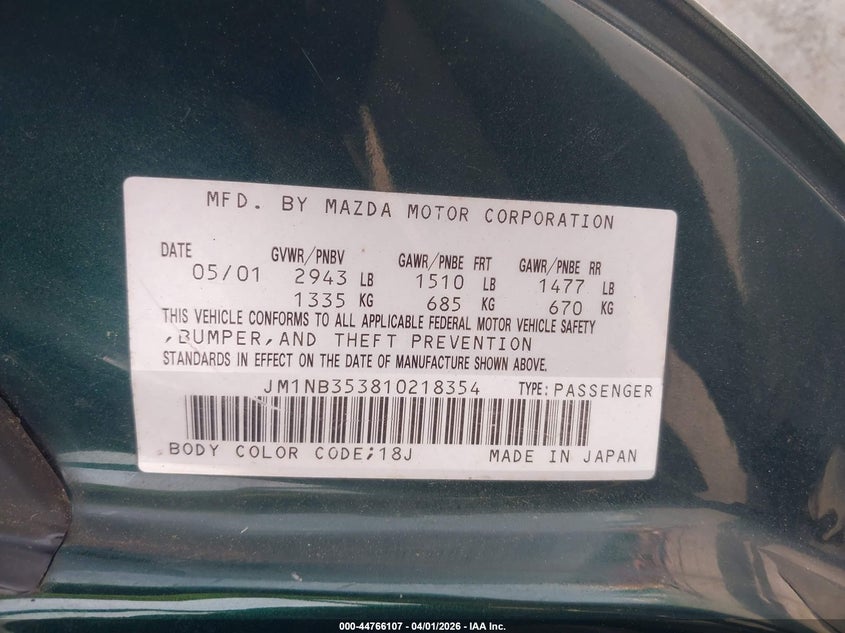 2001 Mazda Mx-5 Miata Ls/Special Edition VIN: JM1NB353810218354 Lot: 44766107