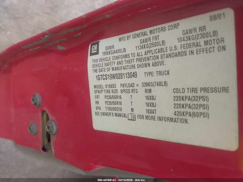 2002 GMC Sonoma Sls VIN: 1GTCS19W028113049 Lot: 44766141