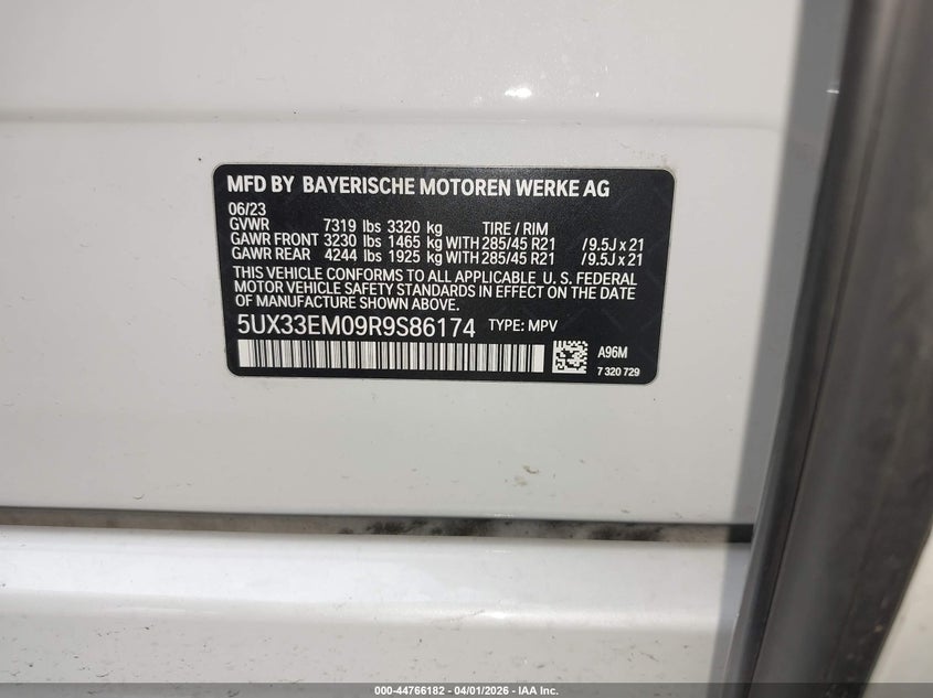 2024 BMW X7 M60I VIN: 5UX33EM09R9S86174 Lot: 44766182