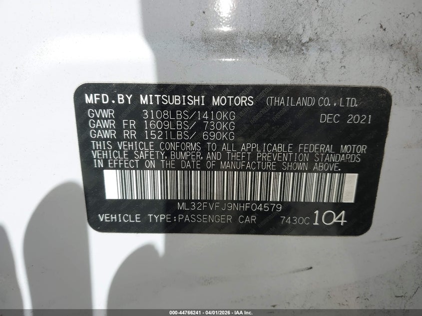 2022 Mitsubishi Mirage G4 Se VIN: ML32FVFJ9NHF04579 Lot: 44766241