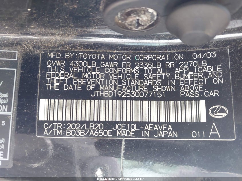 2003 Lexus Is 300 VIN: JTHBD192530077151 Lot: 44766286