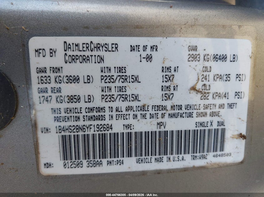 2000 Dodge Durango VIN: 1B4HS28N6YF192684 Lot: 44766305