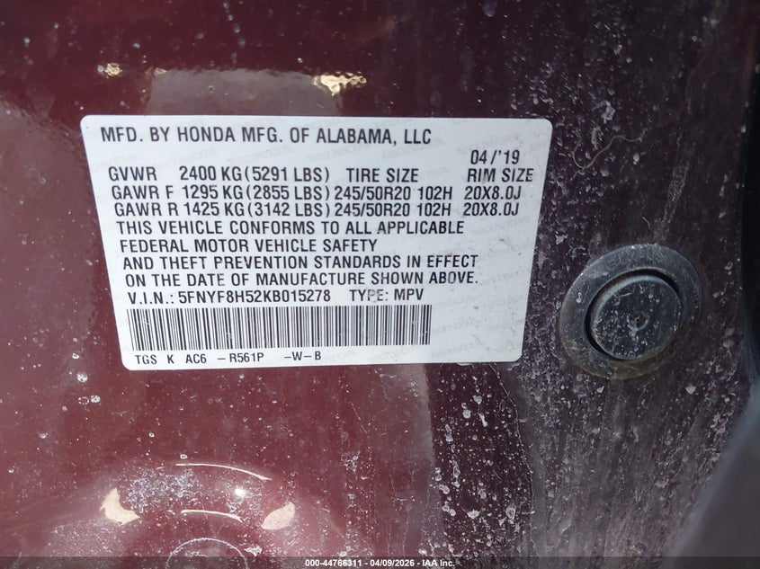 2019 Honda Passport Ex-L VIN: 5FNYF8H52KB015278 Lot: 44766311