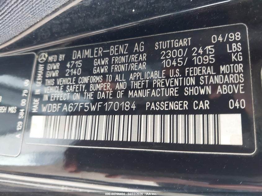 1998 Mercedes-Benz Sl 500 VIN: WDBFA67F5WF170184 Lot: 44766404