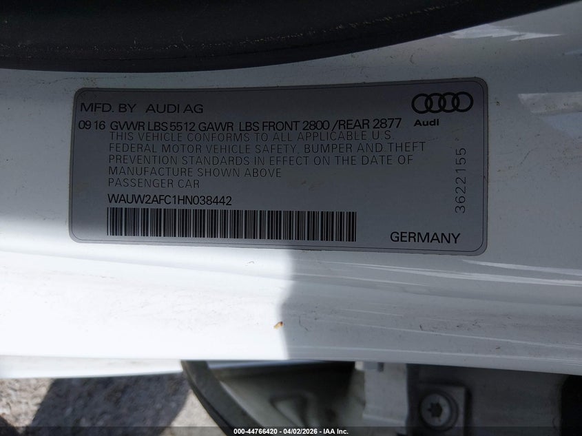 2017 Audi A7 3.0T Premium Plus VIN: WAUW2AFC1HN038442 Lot: 44766420