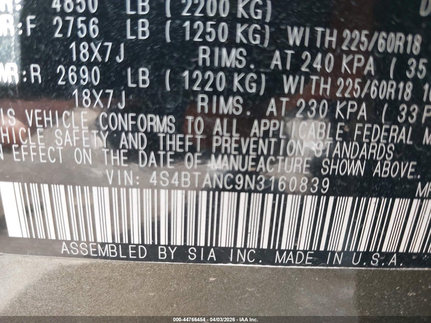 2022 Subaru Outback Limited VIN: 4S4BTANC9N3160839 Lot: 44766454