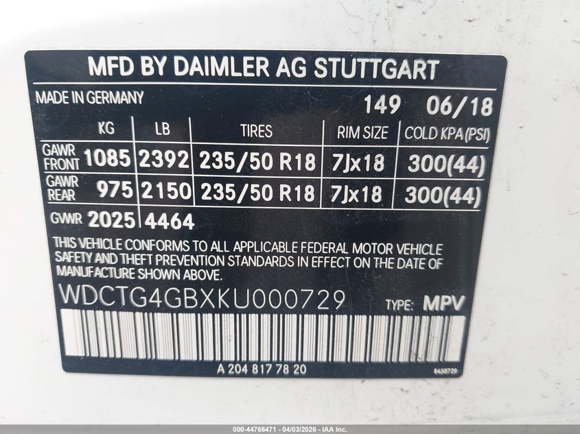 2019 Mercedes-Benz Gla 250 4Matic VIN: WDCTG4GBXKU000729 Lot: 44766471