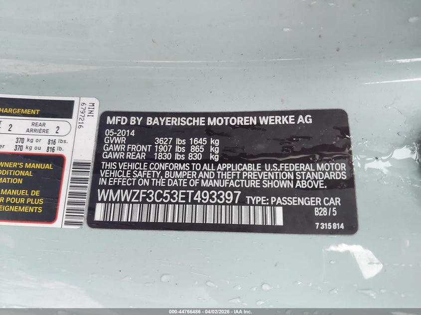 2014 Mini Clubman Cooper VIN: WMWZF3C53ET493397 Lot: 44766486