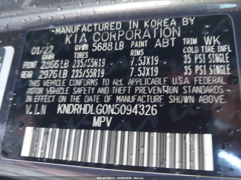 2022 Kia Sorento Hybrid Ex VIN: KNDRHDLG0N5094326 Lot: 44766514