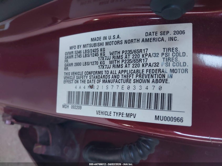 2007 Mitsubishi Endeavor Ls VIN: 4A4MN21S77E033470 Lot: 44766612