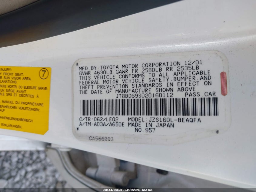 2002 Lexus Gs 300 VIN: JT8BD69S020160112 Lot: 44766620