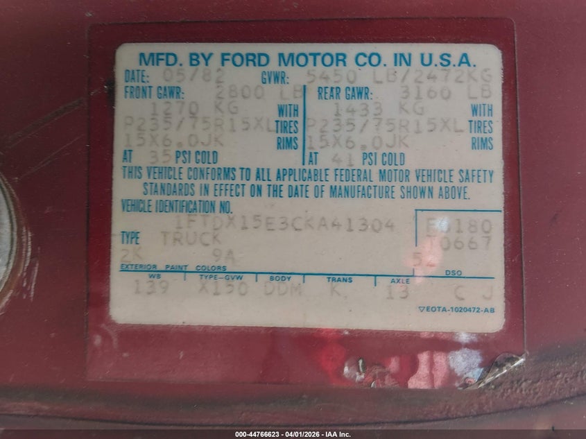 1982 Ford F150 VIN: 1FTDX15E3CKA41304 Lot: 44766623