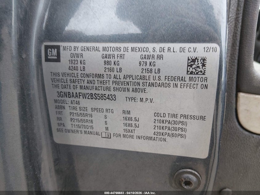 2011 Chevrolet Hhr Ls VIN: 3GNBAAFW2BS585433 Lot: 44766683