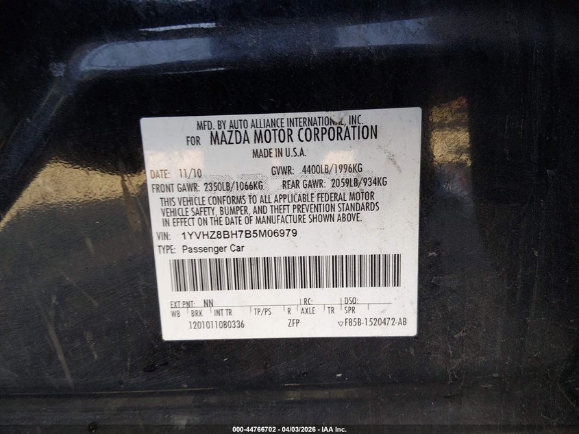 2011 Mazda Mazda6 I Sport VIN: 1YVHZ8BH7B5M06979 Lot: 44766702