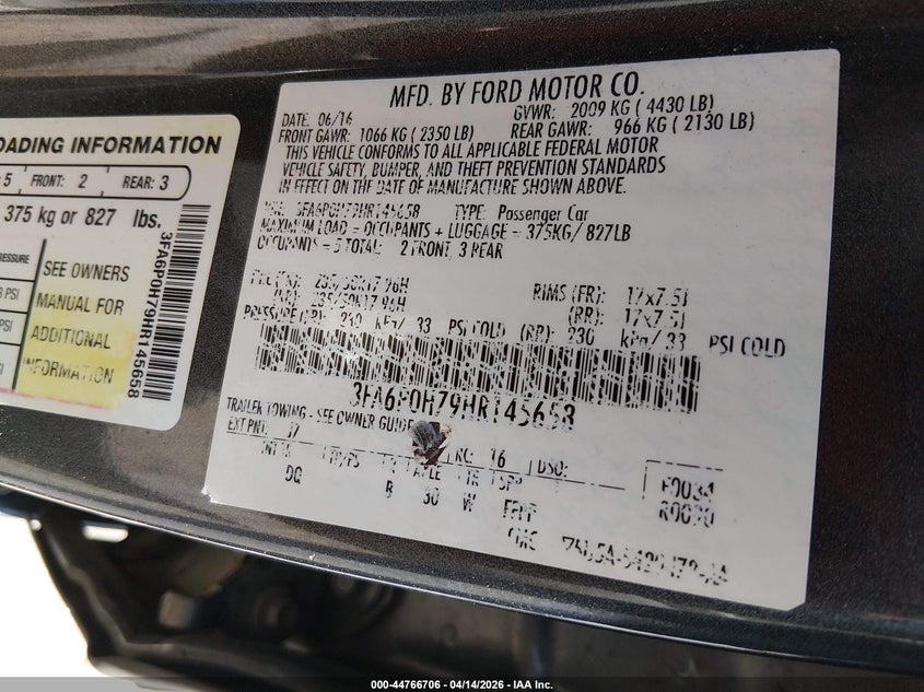 2017 Ford Fusion 2.5 Se grey Lot 111044766706 Vin 3FA6P0H79HR145658