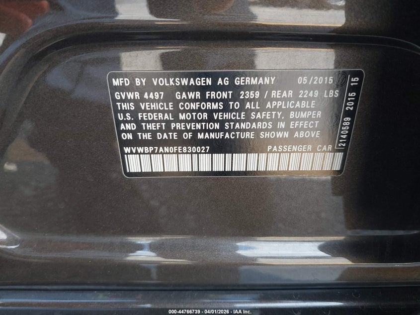 2015 Volkswagen Cc 2.0T R-Line VIN: WVWBP7AN0FE830027 Lot: 44766739