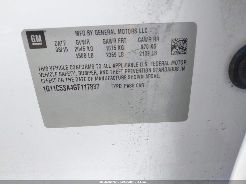 2016 Chevrolet Malibu Limited Lt VIN: 1G11C5SA4GF117837 Lot: 44766785