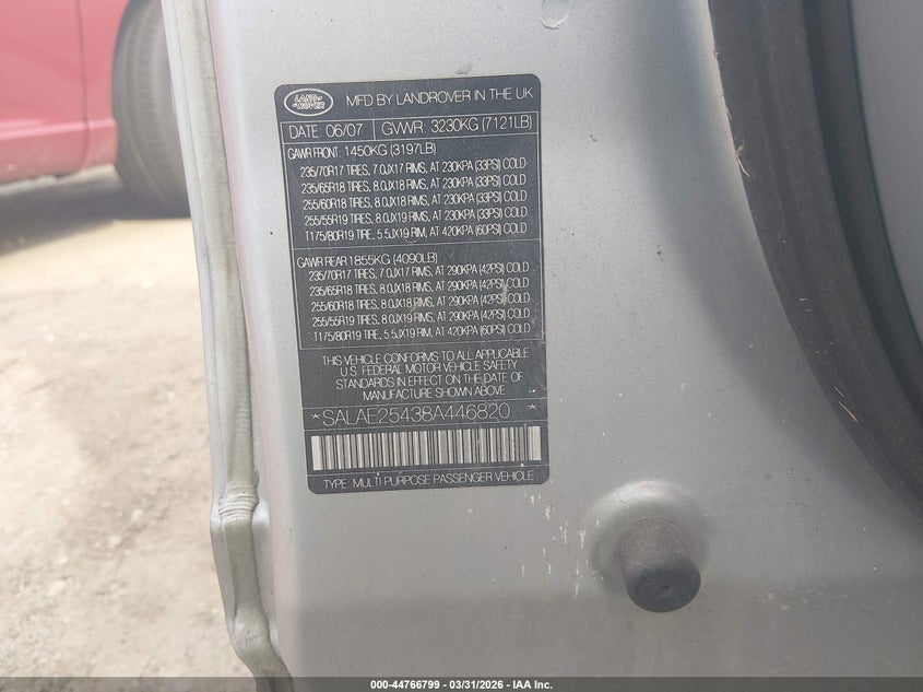 2008 Land Rover Lr3 V8 Se VIN: SALAE25438A446820 Lot: 44766799