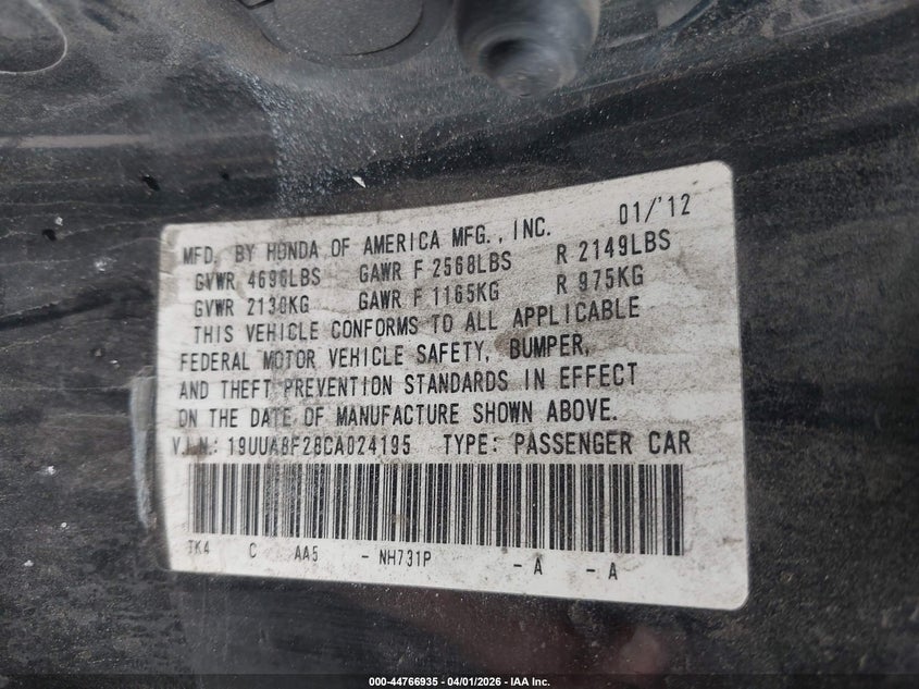 2012 Acura Tl 3.5 VIN: 19UUA8F28CA024195 Lot: 44766935