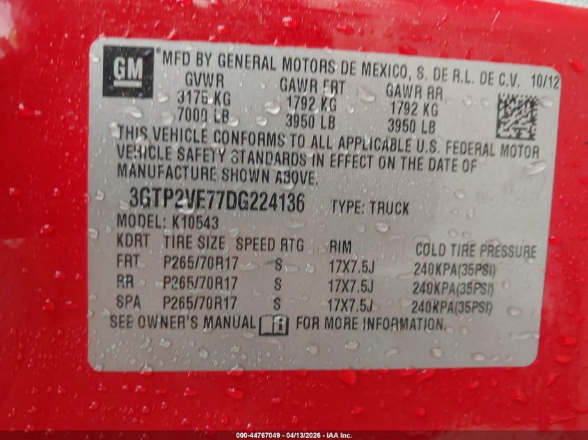 2013 GMC Sierra 1500 Sle VIN: 3GTP2VE77DG224136 Lot: 44767049