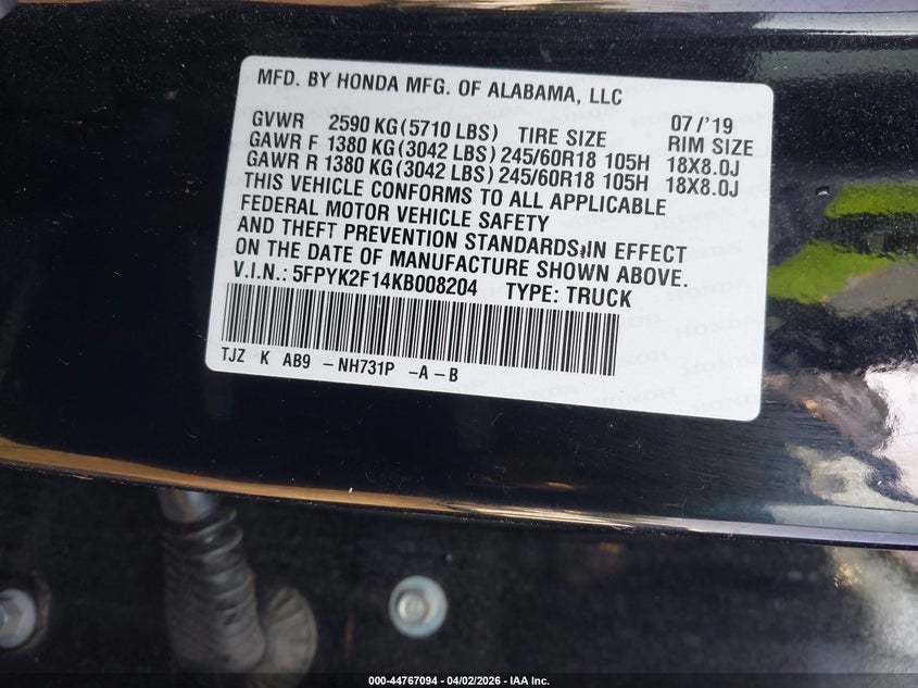 2019 Honda Ridgeline Sport VIN: 5FPYK2F14KB008204 Lot: 44767094