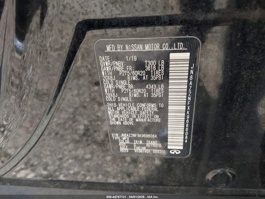 2019 Infiniti Qx80 Luxe VIN: JN8AZ2NFXK9686084 Lot: 44767131