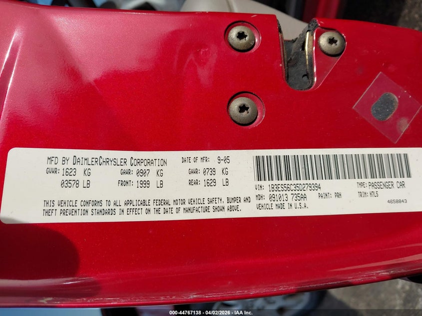 2005 Dodge Neon Sxt VIN: 1B3ES56C35D279394 Lot: 44767138