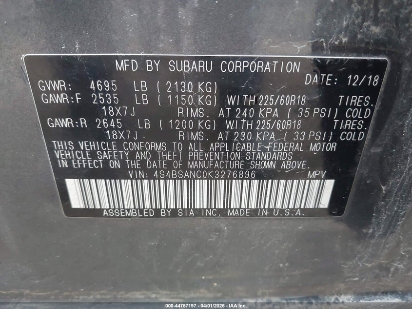 2019 SUBARU OUTBACK SPORT UTILITY VEHICLE 2.5L H-4 DOHC, VVT, 175HP