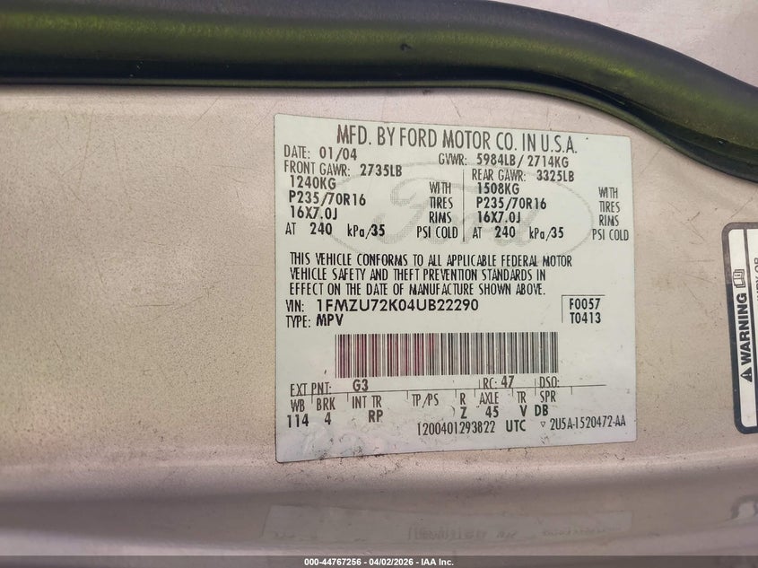 2004 Ford Explorer Xls VIN: 1FMZU72K04UB22290 Lot: 44767256