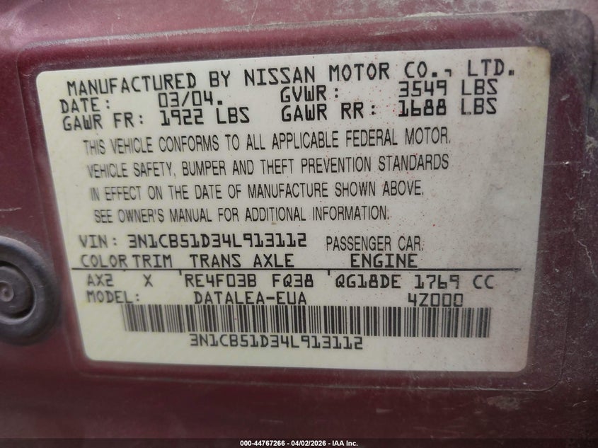 2004 Nissan Sentra 1.8S VIN: 3N1CB51D34L913112 Lot: 44767266