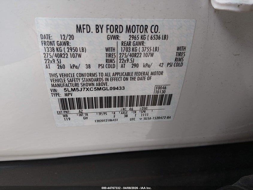 2021 Lincoln Aviator Reserve VIN: 5LM5J7XC5MGL09433 Lot: 44767332