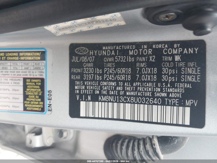 2008 Hyundai Veracruz Gls/Limited/Se VIN: KM8NU13CX8U032640 Lot: 44767399